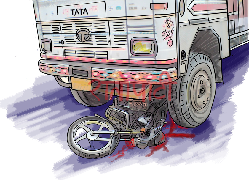 कलङ्की टिपरले मोटरसाइकललाई ठक्कर दिँदा दुईजनाको घटनास्थलमै मृत्यु